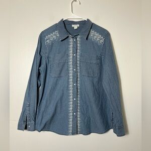 Sundance Chambray Pearl Snap Shirt Sz M‎ Blue Embroidered Cotton Casual Western